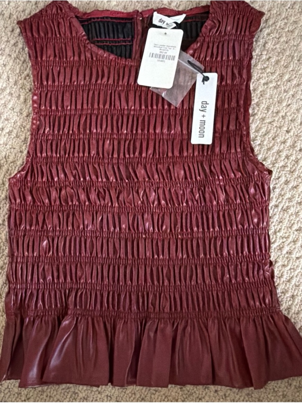 day + moon Smocked Faux Leather Sleeveless Top — Burgundy